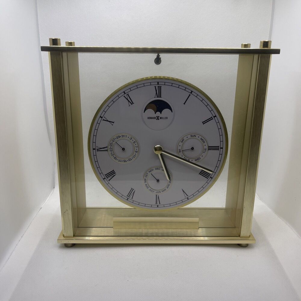 HOWARD MILLER CALENDAR DESK MANTEL CLOCK 613-526 MOON PHASE DAY DATE MONTH TIME